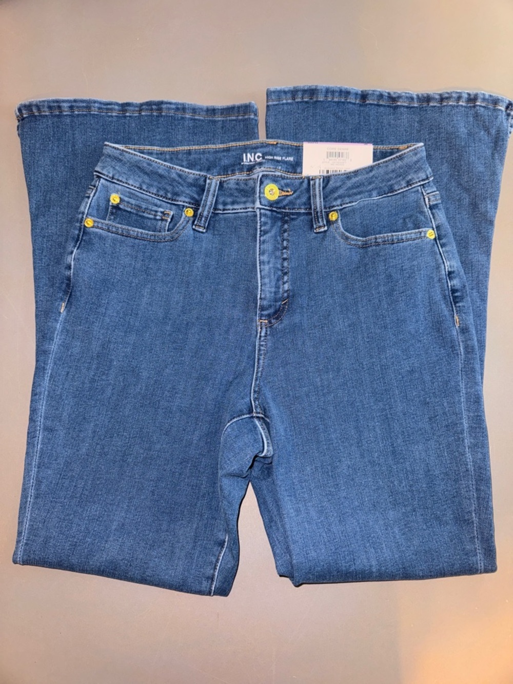 INC International Concepts Mid Blue Flare High Rise Jeans Gold Tone Hardware NWT